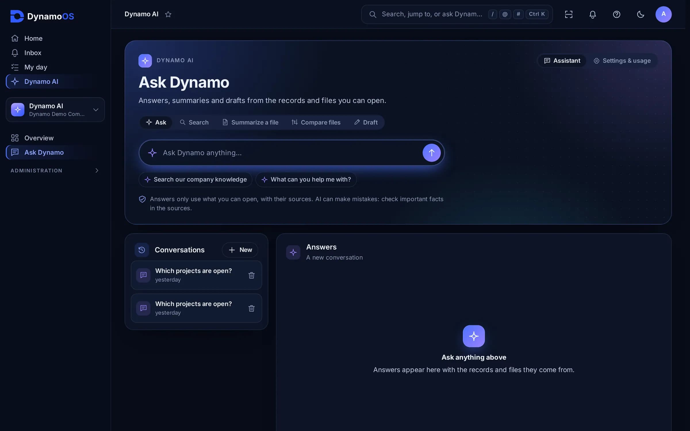Ask Dynamo in DynamoOS: ask, search, summarise a file, compare files and draft, with answers limited to what the person may open