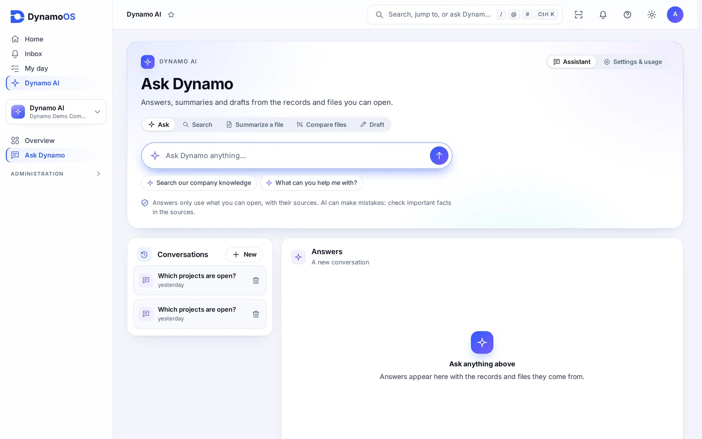 Ask Dynamo in DynamoOS: ask, search, summarise a file, compare files and draft, with answers limited to what the person may open